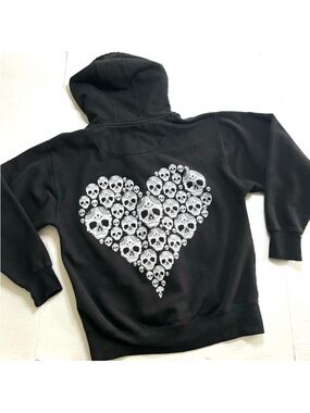 SKULL Print Heart Shape Full Zip‎ Black Hoodie Sweatshirt Pockets Women's Size M
